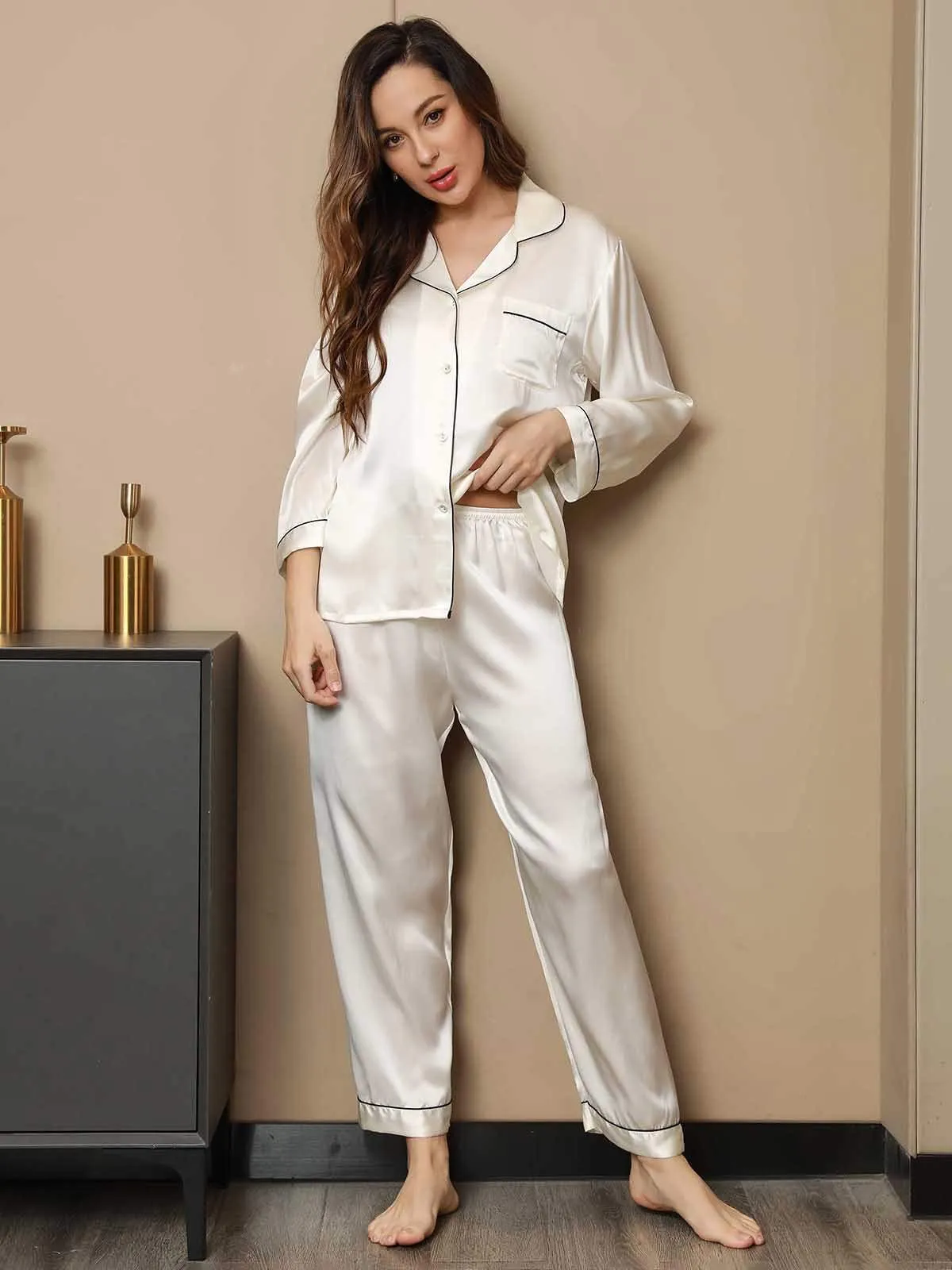 Pure Silk Binding Trim Classic Pajamas Set 2Pcs