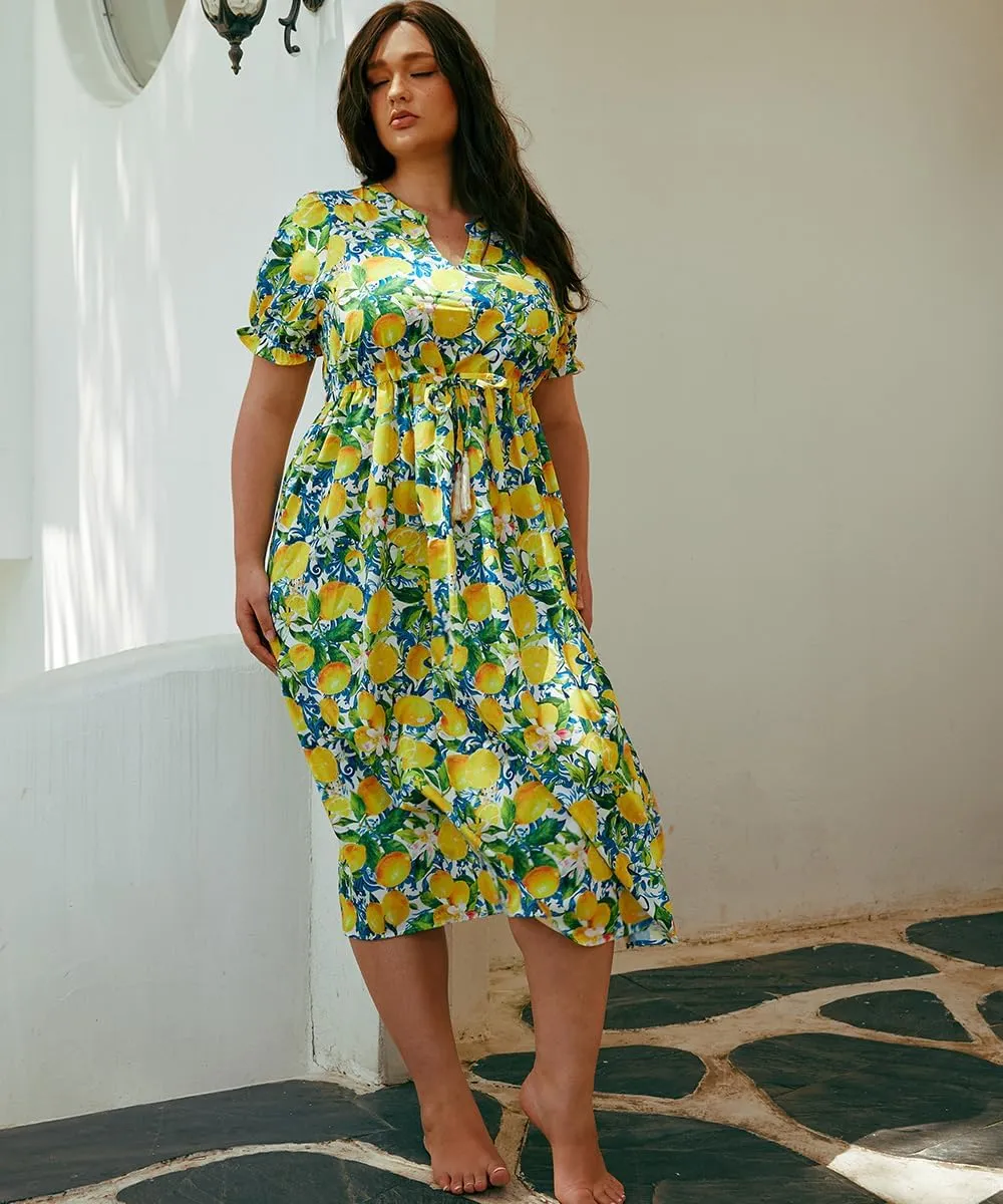 RITERA Plus Size Midi Dress for Women 2025 Casual V NeckShort Sleeve Ruffle Flowy Boho Drawstring Tassel Waist XL-5XL