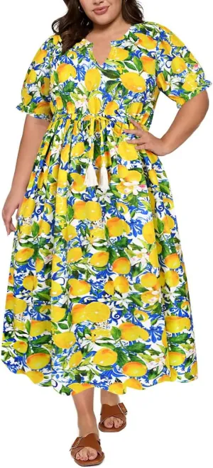 RITERA Plus Size Midi Dress for Women 2025 Casual V NeckShort Sleeve Ruffle Flowy Boho Drawstring Tassel Waist XL-5XL