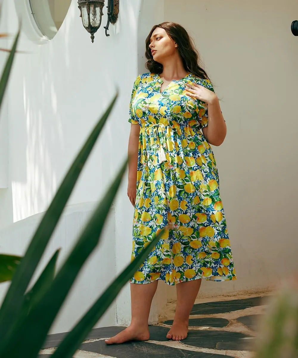 RITERA Plus Size Midi Dress for Women 2025 Casual V NeckShort Sleeve Ruffle Flowy Boho Drawstring Tassel Waist XL-5XL