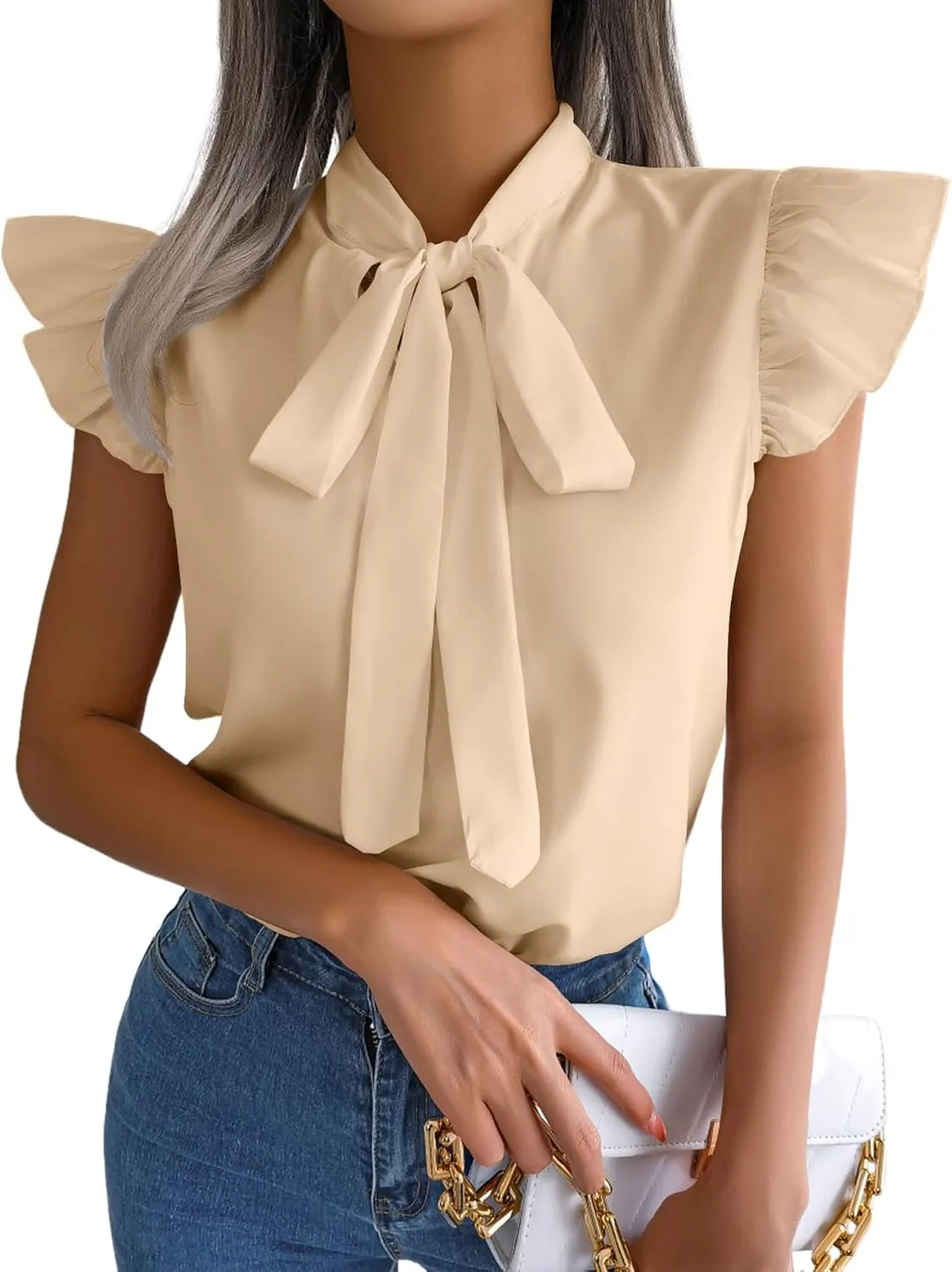 Rooscier Women's Bow Tie Neck Ruffle Cap Sleeve Elegant Office Blouse Shirt Tops