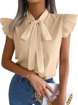 Rooscier Women's Bow Tie Neck Ruffle Cap Sleeve Elegant Office Blouse Shirt Tops