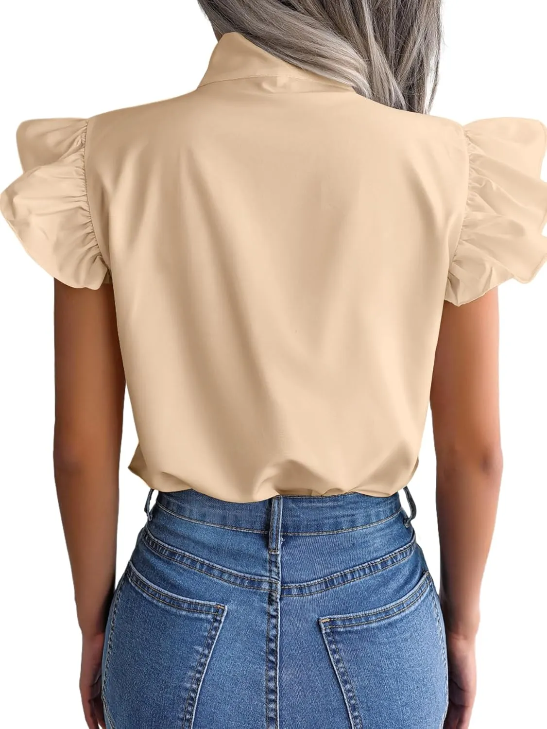 Rooscier Women's Bow Tie Neck Ruffle Cap Sleeve Elegant Office Blouse Shirt Tops