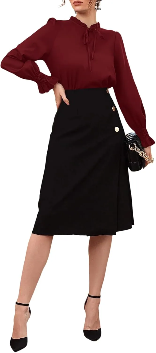 Rooscier Women's Frill Mock Neck Self Tie Shirred Ruffle Long Sleeve Elegant Blouse