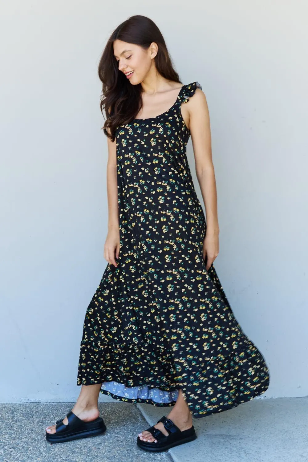 Ruffle Floral Maxi Dress in  Black