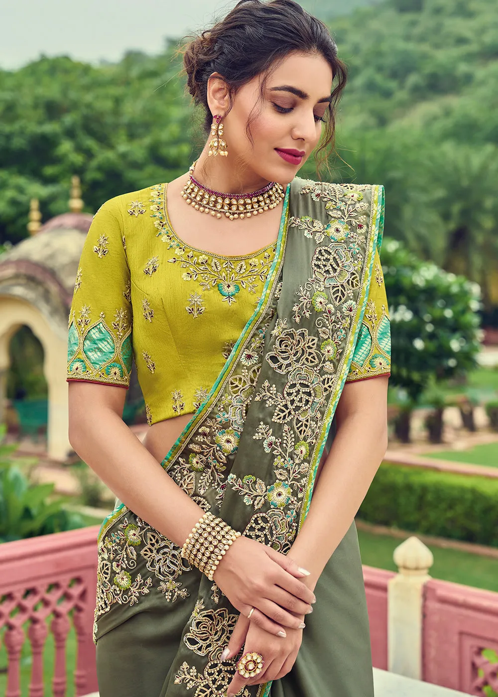 Sardine Grey Designer Organza Saree with Intricate Embroidery work