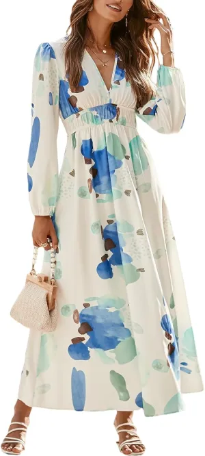 Sissyaki Women's Long Sleeve Boho Floral Maxi Dress Smocked Beach Flowy Dress