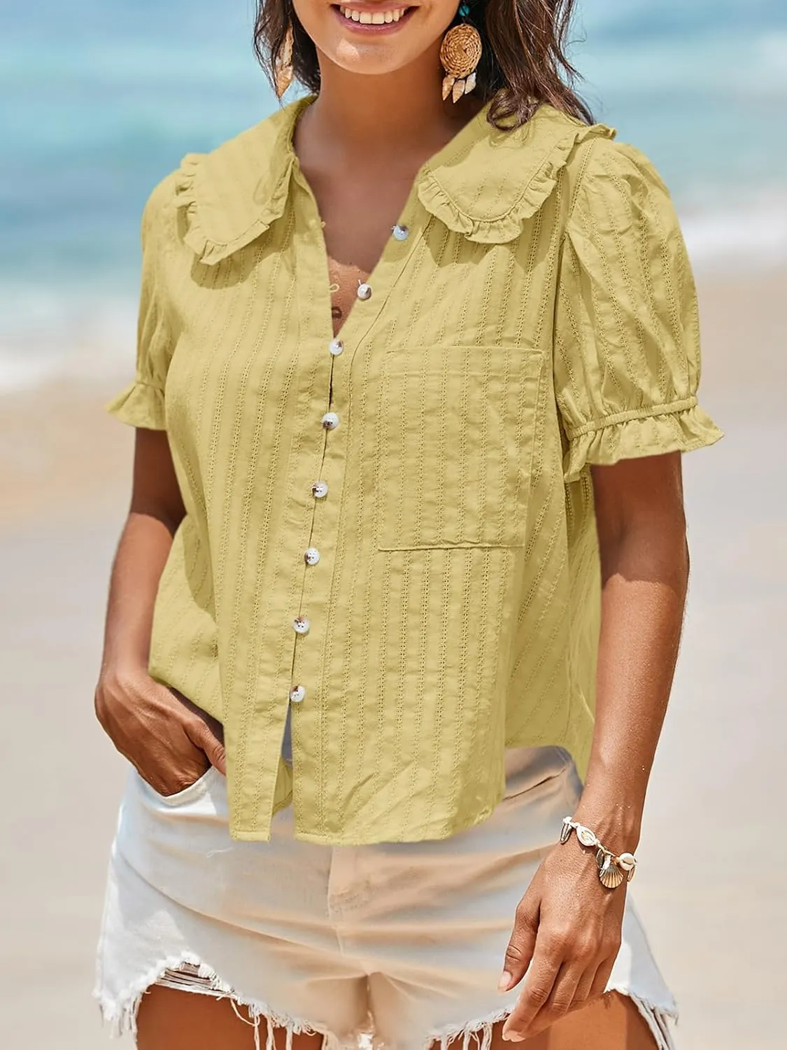 Tankaneo Womens Puff Sleeve Shirts Peter Pan Collar Button Down Cotton Blouse Casual Summer Textured Tops