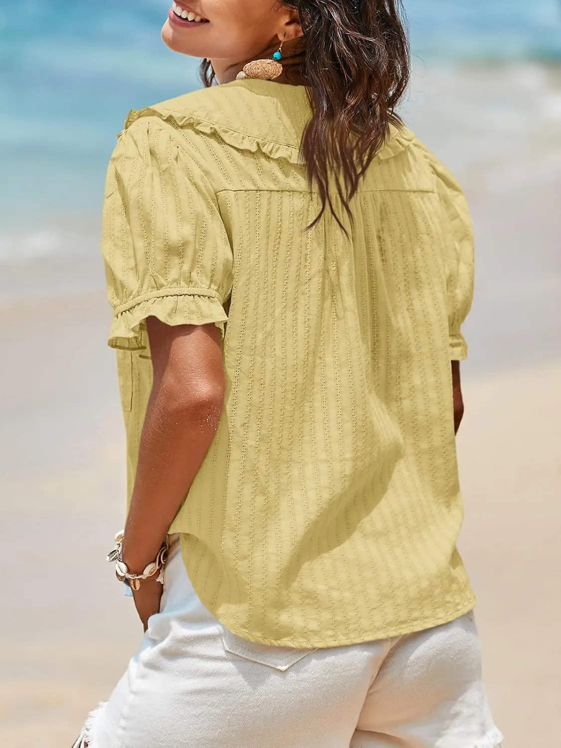 Tankaneo Womens Puff Sleeve Shirts Peter Pan Collar Button Down Cotton Blouse Casual Summer Textured Tops