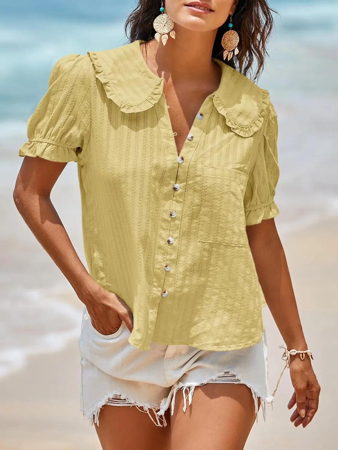 Tankaneo Womens Puff Sleeve Shirts Peter Pan Collar Button Down Cotton Blouse Casual Summer Textured Tops