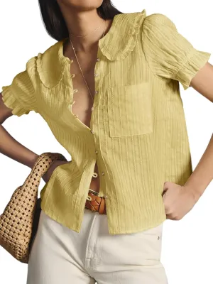 Tankaneo Womens Puff Sleeve Shirts Peter Pan Collar Button Down Cotton Blouse Casual Summer Textured Tops