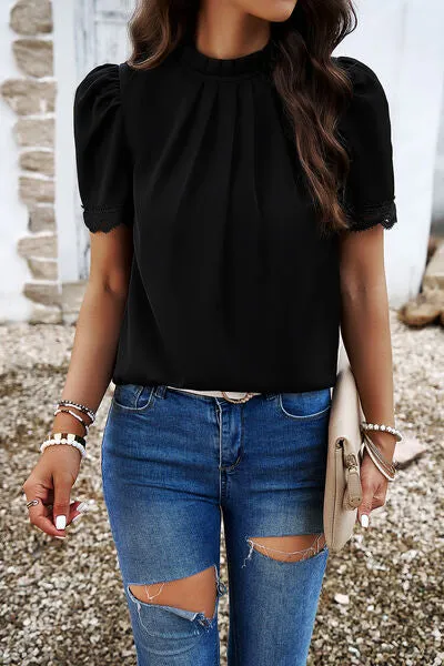 TEEK - Ruched Mock Neck Short Sleeve Blouse