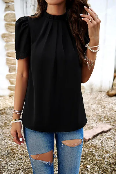 TEEK - Ruched Mock Neck Short Sleeve Blouse