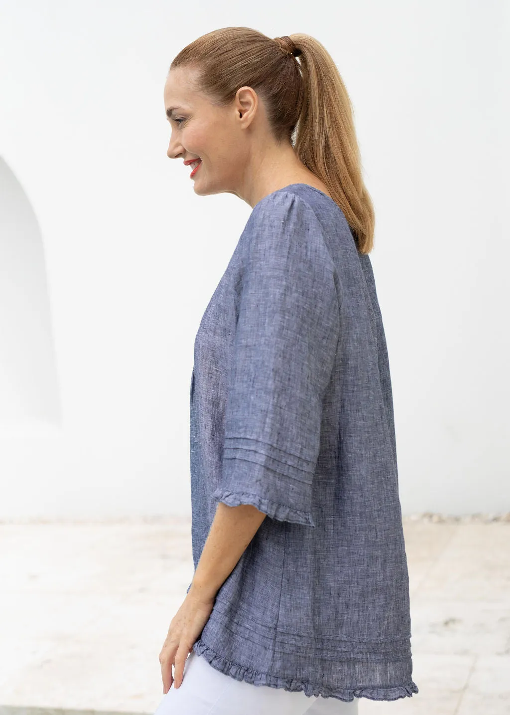 Trapeze Blouse Navy Cross Dyed Linen