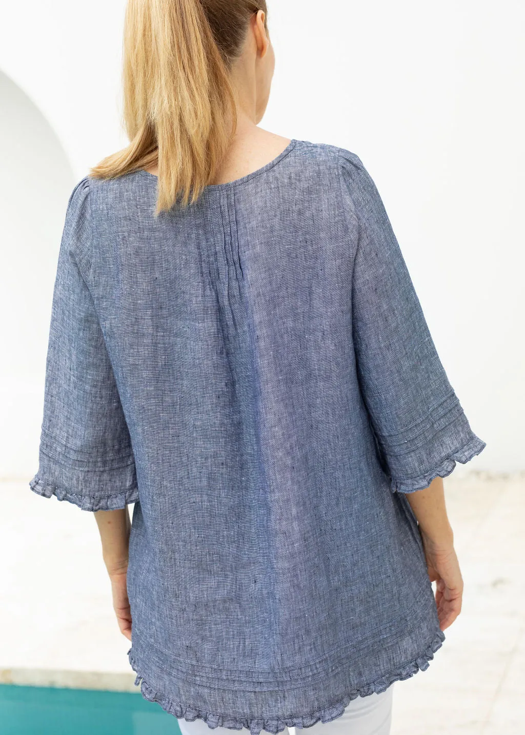 Trapeze Blouse Navy Cross Dyed Linen