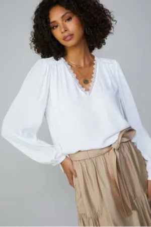v neck lace trim blouse - white
