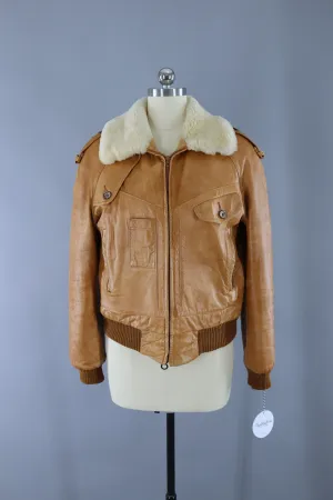Vintage 1970s Tan Leather Bomber Flight Jacket / Silton California