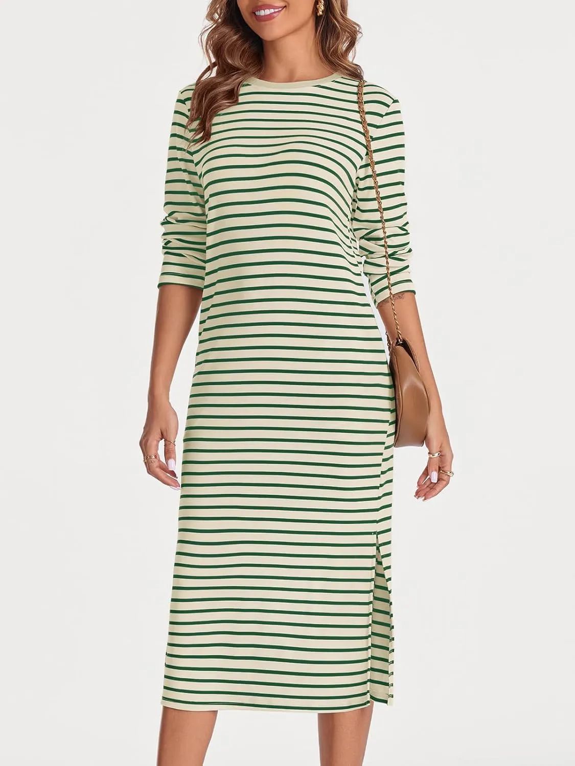 Wenrine Womens Striped Midi Dress Casual Long Sleeve Side Slit Loose T Shirt Dresses