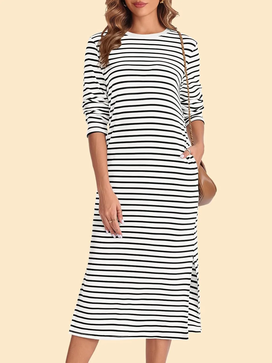 Wenrine Womens Striped Midi Dress Casual Long Sleeve Side Slit Loose T Shirt Dresses