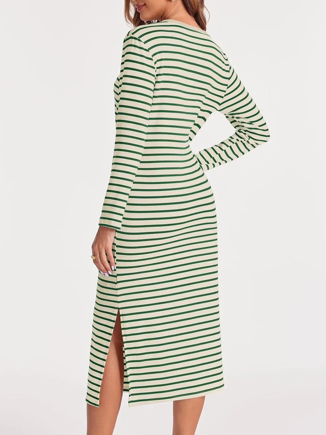 Wenrine Womens Striped Midi Dress Casual Long Sleeve Side Slit Loose T Shirt Dresses
