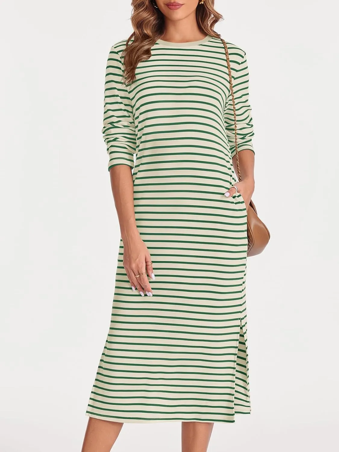 Wenrine Womens Striped Midi Dress Casual Long Sleeve Side Slit Loose T Shirt Dresses