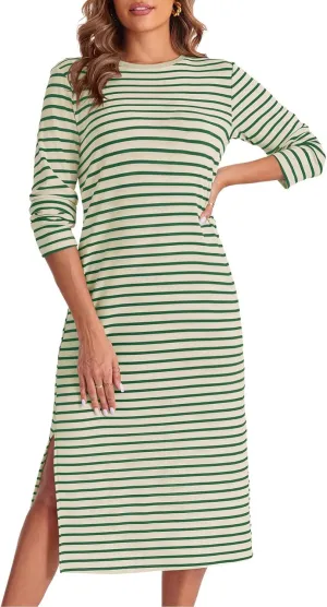 Wenrine Womens Striped Midi Dress Casual Long Sleeve Side Slit Loose T Shirt Dresses