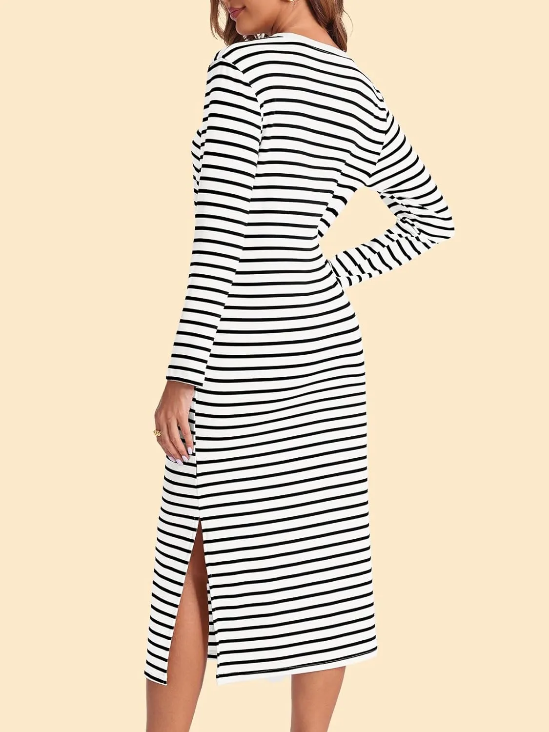 Wenrine Womens Striped Midi Dress Casual Long Sleeve Side Slit Loose T Shirt Dresses