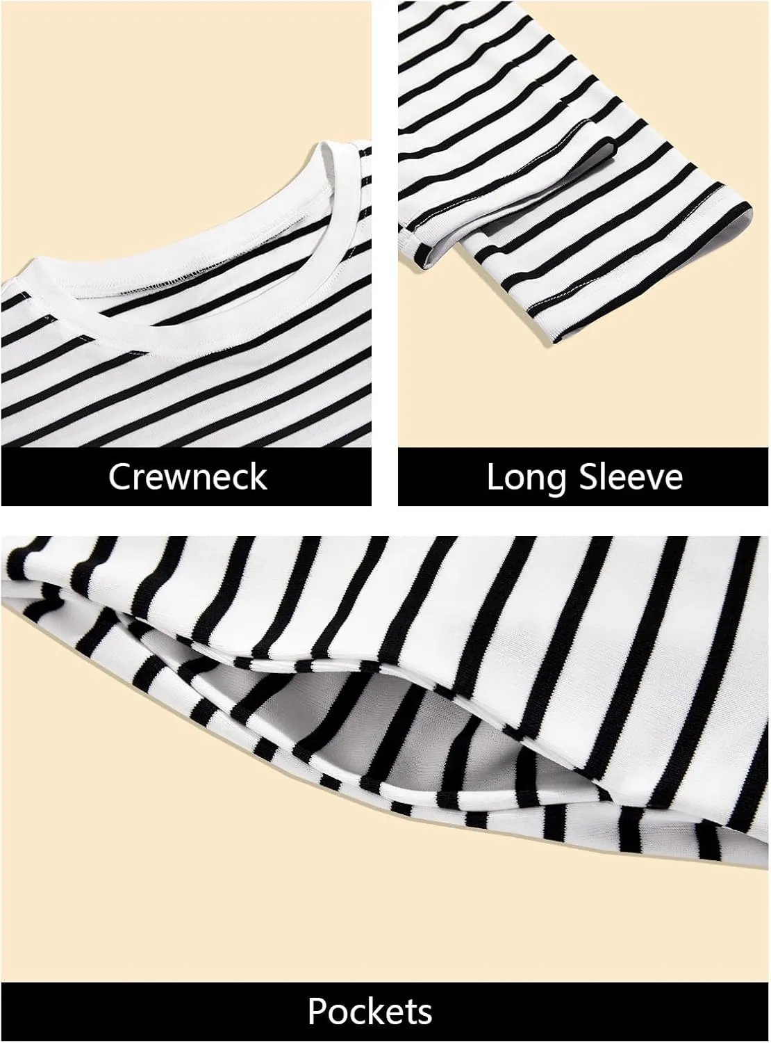 Wenrine Womens Striped Midi Dress Casual Long Sleeve Side Slit Loose T Shirt Dresses