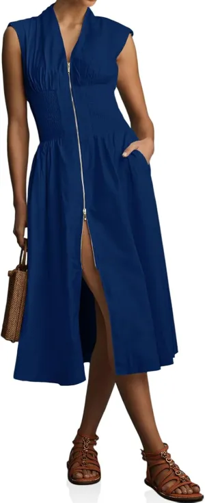 Wenrine Womens Summer Smocked Midi Dress Casual Zipper V Neck Cap Sleeve High Slit Flowy Long Dresses