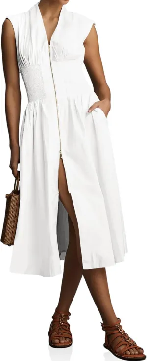Wenrine Womens Summer Smocked Midi Dress Casual Zipper V Neck Cap Sleeve High Slit Flowy Long Dresses