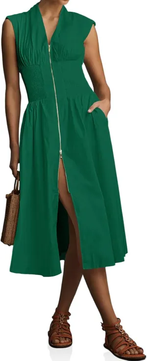Wenrine Womens Summer Smocked Midi Dress Casual Zipper V Neck Cap Sleeve High Slit Flowy Long Dresses
