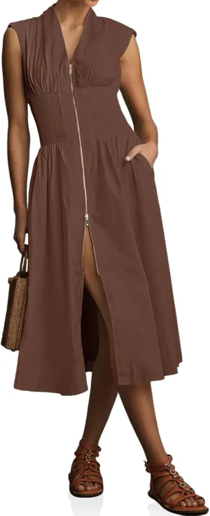 Wenrine Womens Summer Smocked Midi Dress Casual Zipper V Neck Cap Sleeve High Slit Flowy Long Dresses