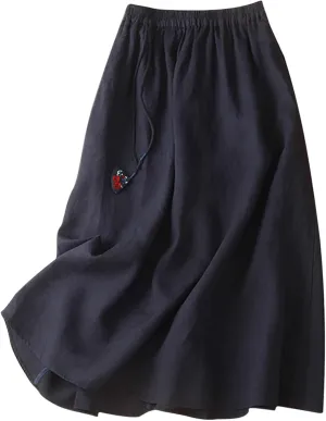 Women Boho Cotton Linen Midi Skirt Fashion Vintage Drawstring Elastic High Waist Swing A-Line Casual Hawaiian Skirts