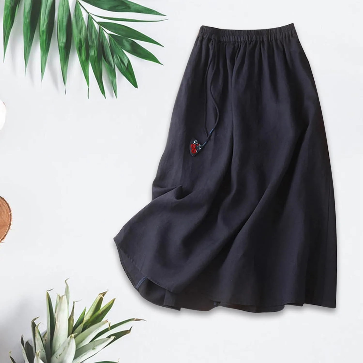 Women Boho Cotton Linen Midi Skirt Fashion Vintage Drawstring Elastic High Waist Swing A-Line Casual Hawaiian Skirts