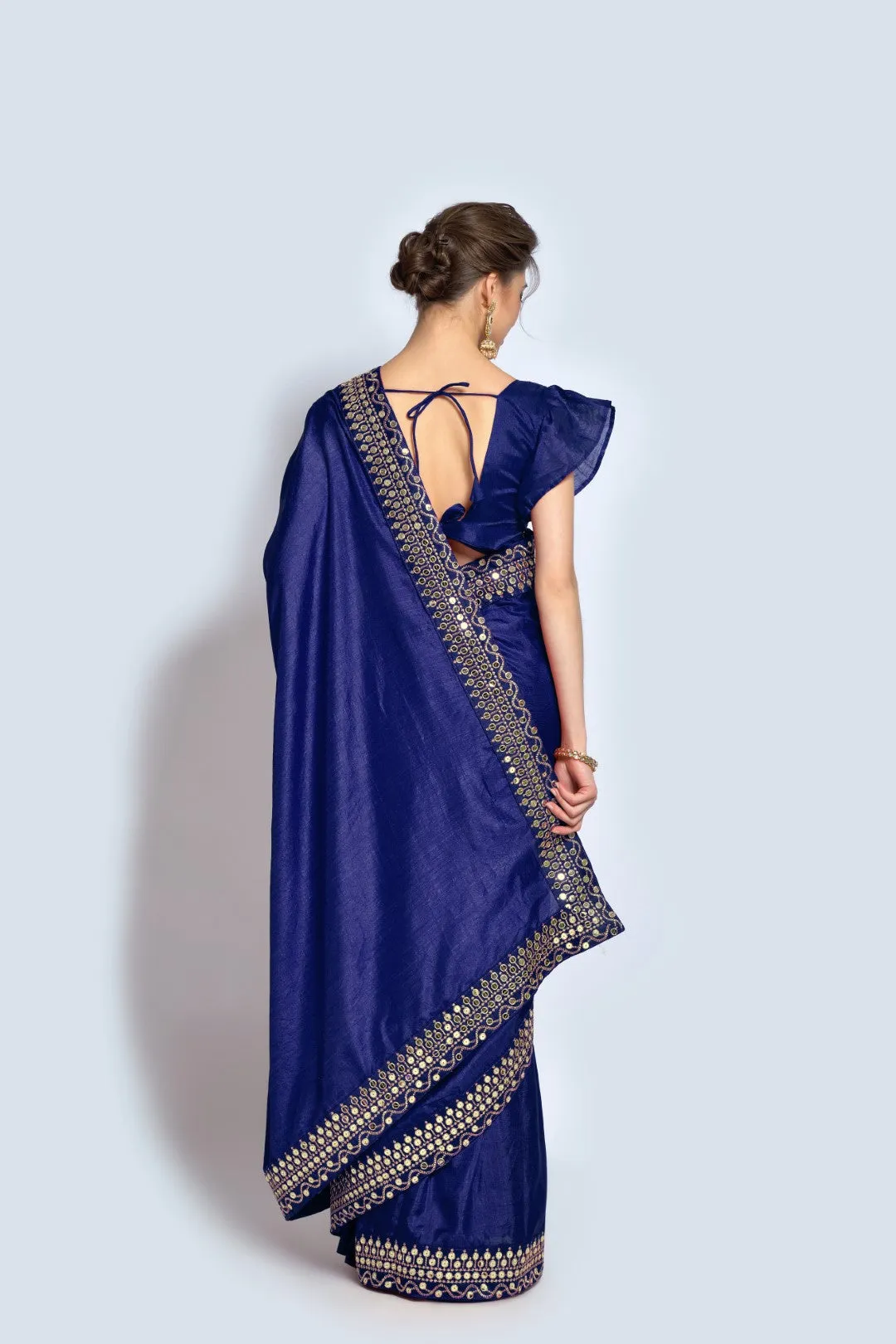 Women Party Wear Designer Blue Colour Vichitra Silk Fabric Plain Saree with Sequence Worked Lace Border