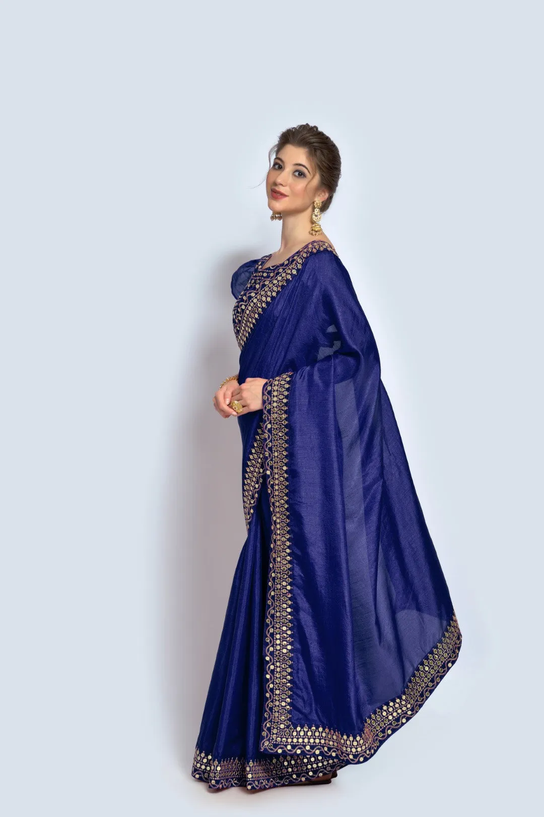 Women Party Wear Designer Blue Colour Vichitra Silk Fabric Plain Saree with Sequence Worked Lace Border