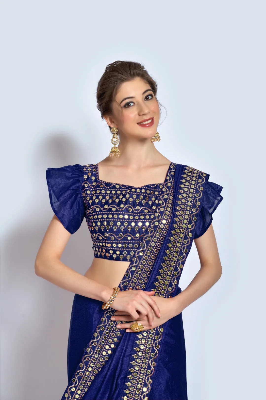 Women Party Wear Designer Blue Colour Vichitra Silk Fabric Plain Saree with Sequence Worked Lace Border