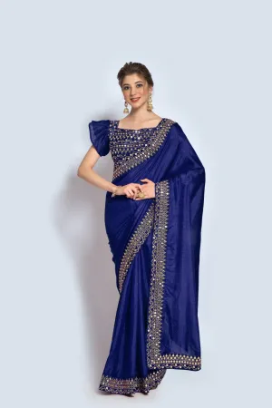 Women Party Wear Designer Blue Colour Vichitra Silk Fabric Plain Saree with Sequence Worked Lace Border