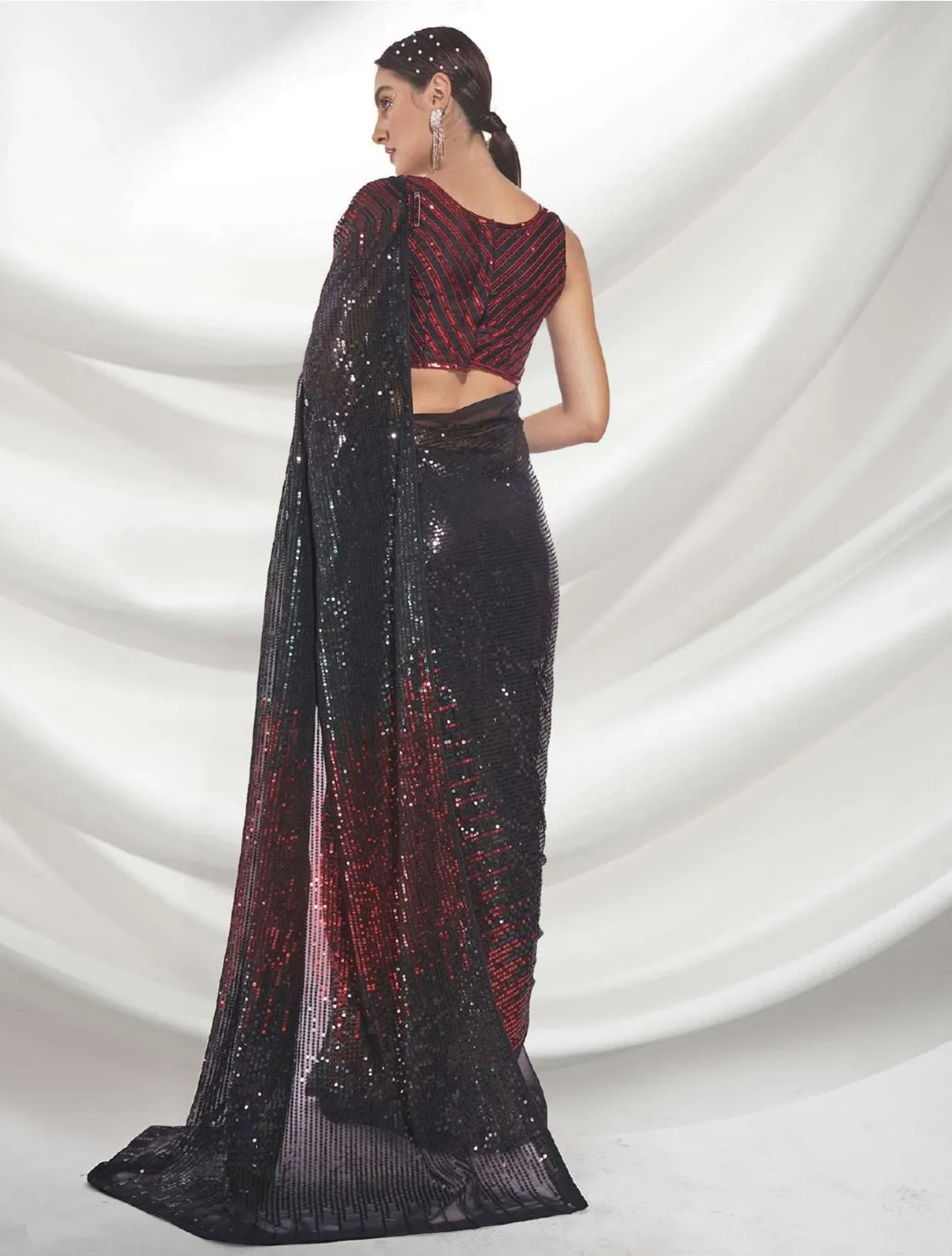 Women Party Wear Designer Sequence Worked Red Colour Georgette Saree Collection