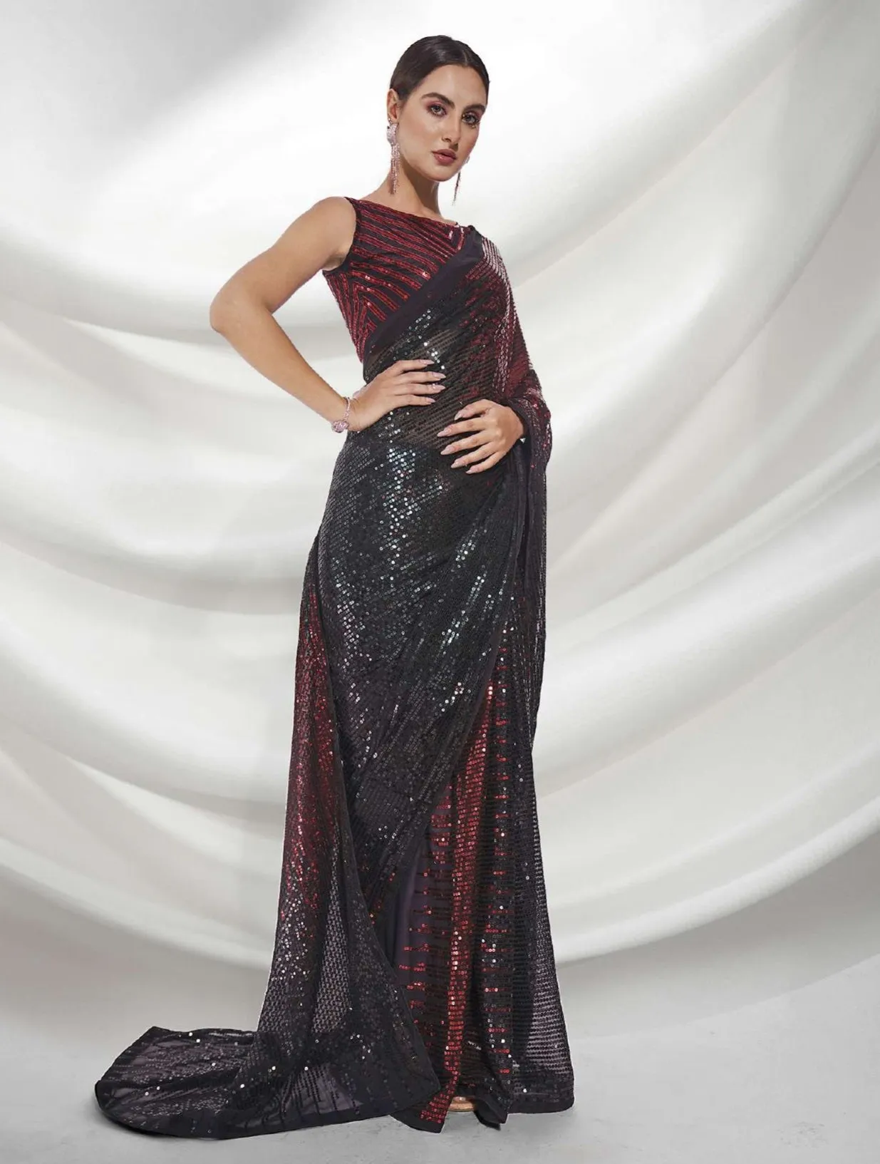 Women Party Wear Designer Sequence Worked Red Colour Georgette Saree Collection