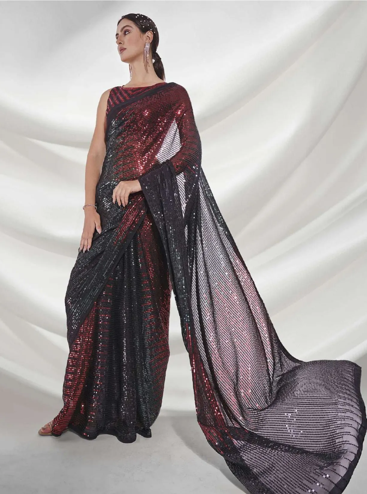 Women Party Wear Designer Sequence Worked Red Colour Georgette Saree Collection