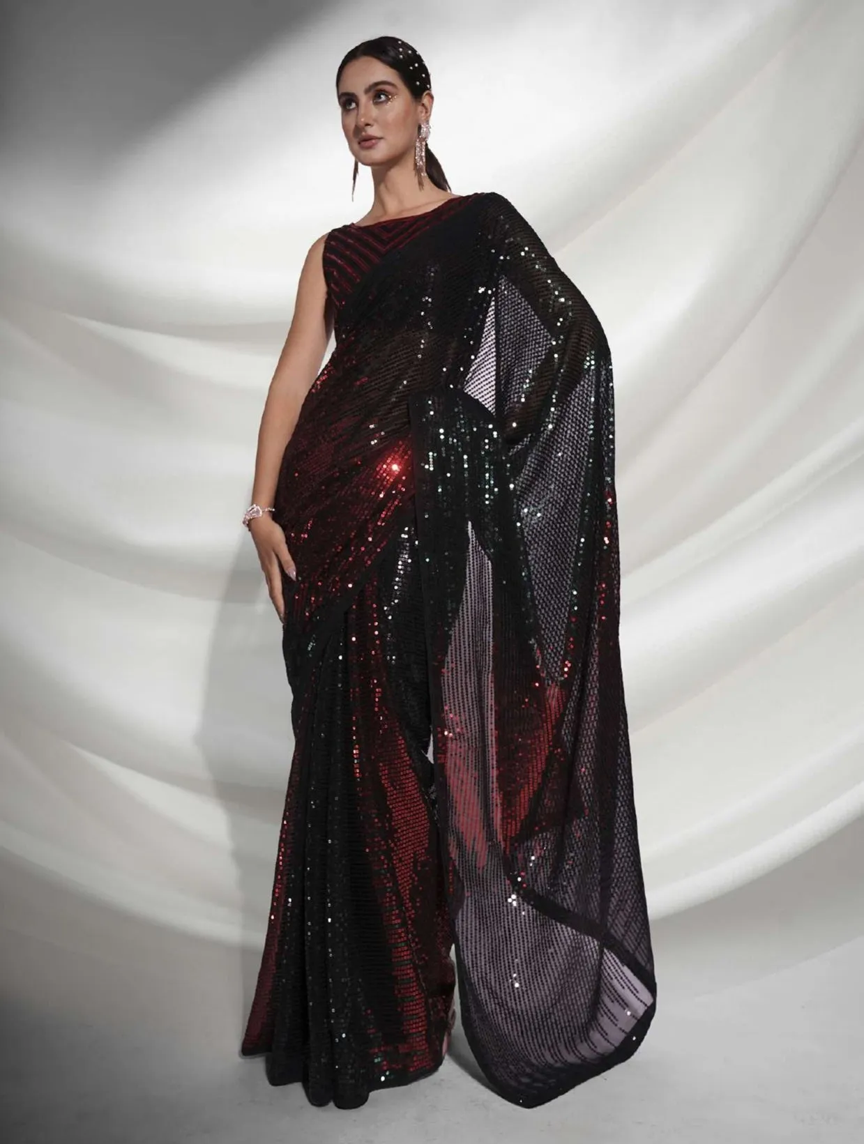 Women Party Wear Designer Sequence Worked Red Colour Georgette Saree Collection