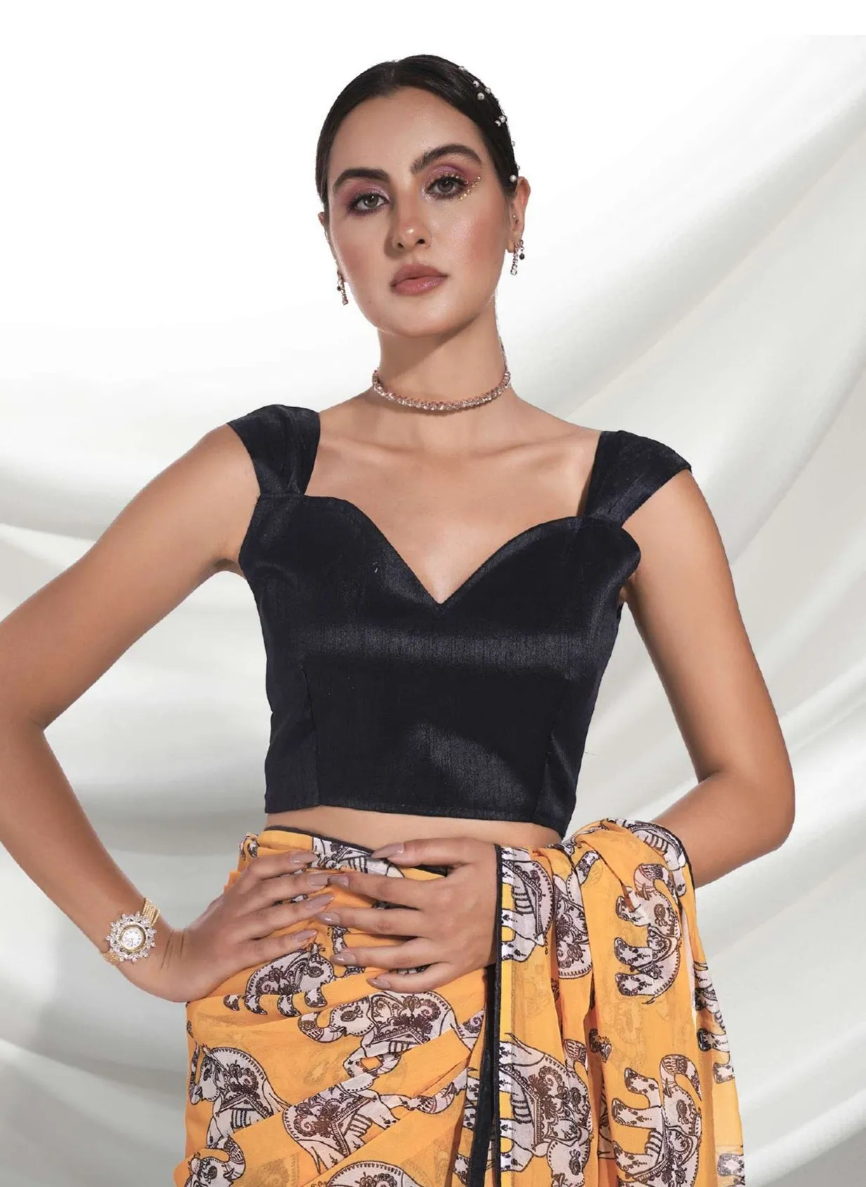 Women Party Wear Elephant Digital Printed Yellow Colour Weightless Saree Collection