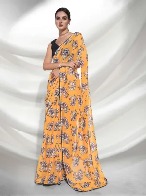 Women Party Wear Elephant Digital Printed Yellow Colour Weightless Saree Collection