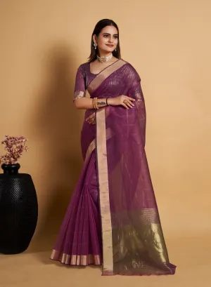 Women Party Wear Weaving Organza Silk Pink colour Saree with Un-Stitched Blouse