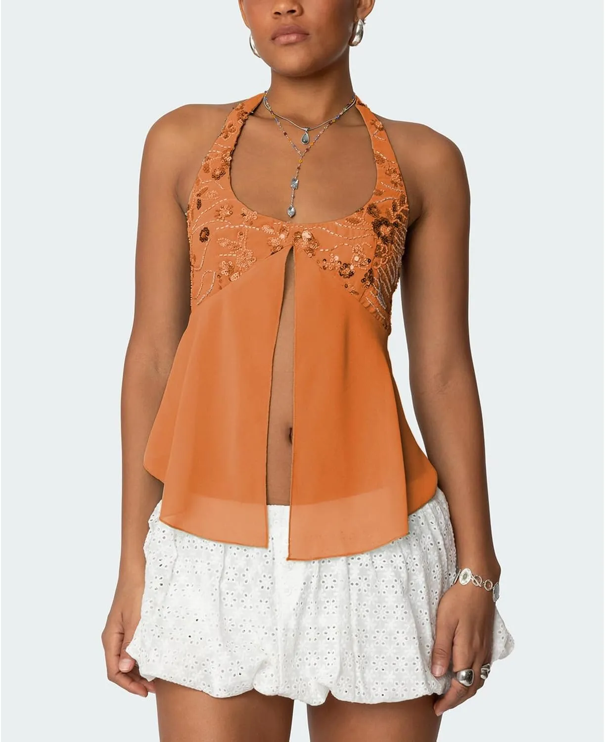 Women Sequin Beaded Halter Cami Top Y2k Glitter Low Cut Sleeveless Sparkly Tank Top Sexy Open Back Going Out Vest