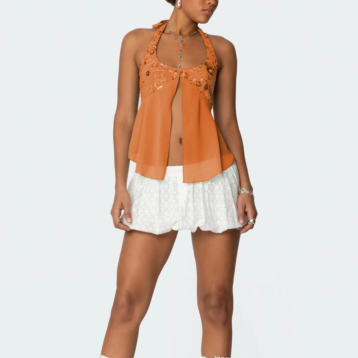 Women Sequin Beaded Halter Cami Top Y2k Glitter Low Cut Sleeveless Sparkly Tank Top Sexy Open Back Going Out Vest