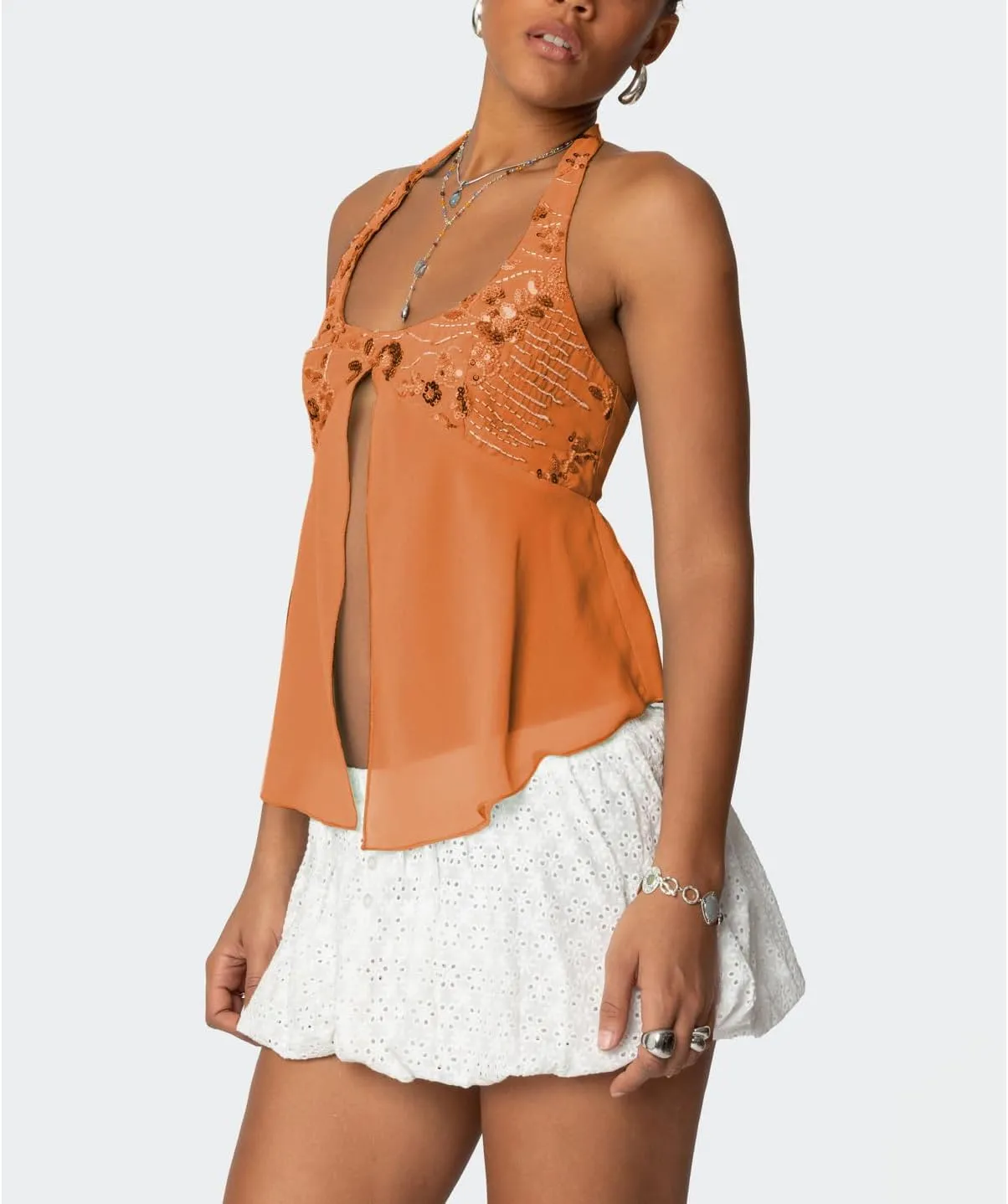 Women Sequin Beaded Halter Cami Top Y2k Glitter Low Cut Sleeveless Sparkly Tank Top Sexy Open Back Going Out Vest