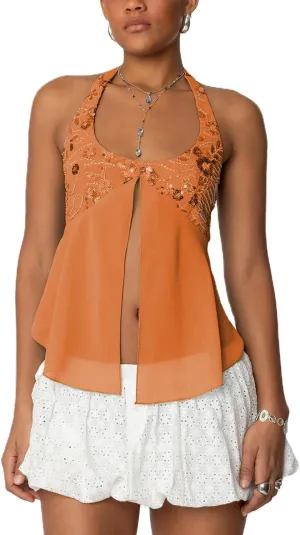 Women Sequin Beaded Halter Cami Top Y2k Glitter Low Cut Sleeveless Sparkly Tank Top Sexy Open Back Going Out Vest
