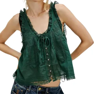 Women Sleeveless Ruffled Lace Trim Chiffon Crop Top Scoop Neck Flowy Button Down Front Tie Mesh Crop Tank Top